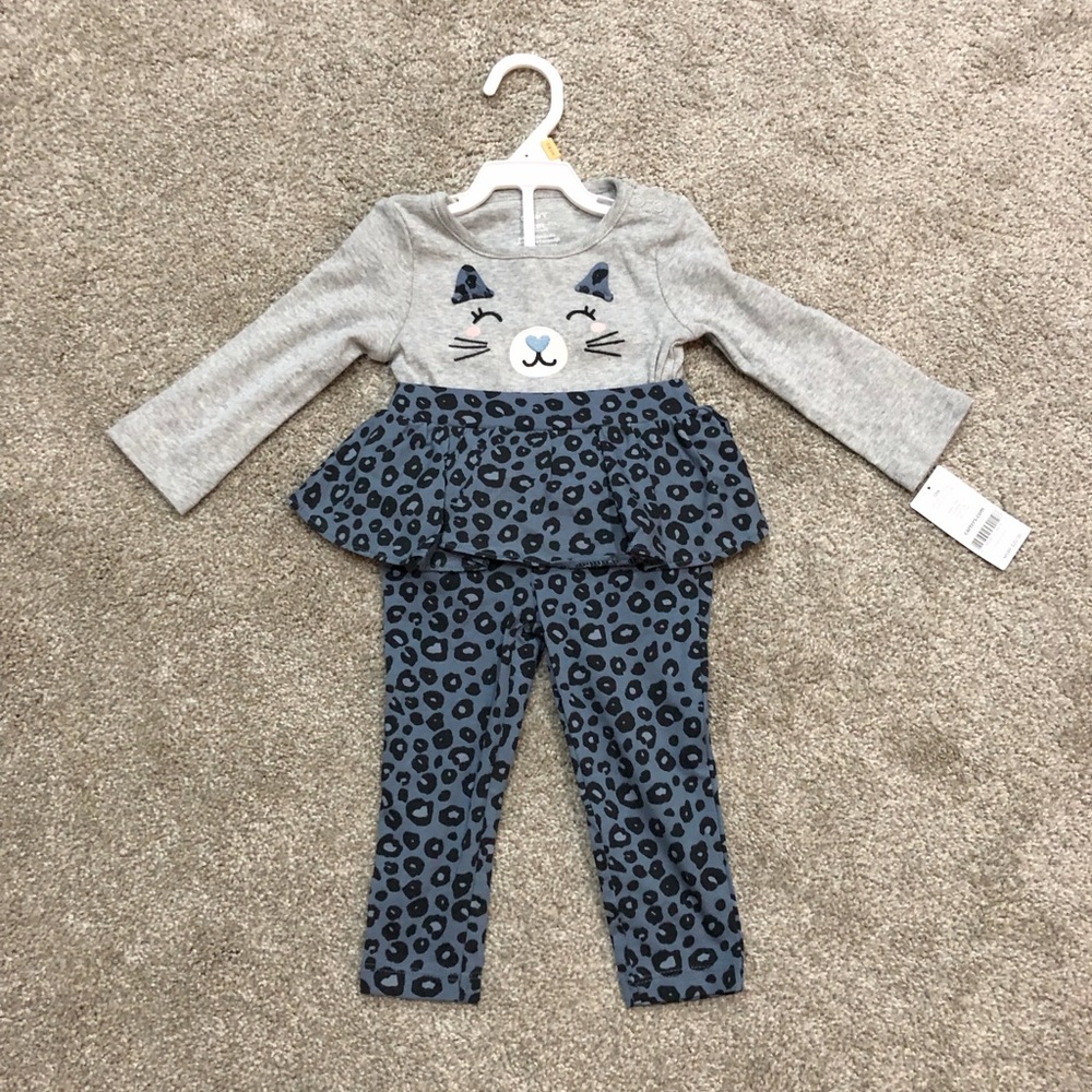 Blue and Grey Kitten Print Outfit w Ruffle Peplum